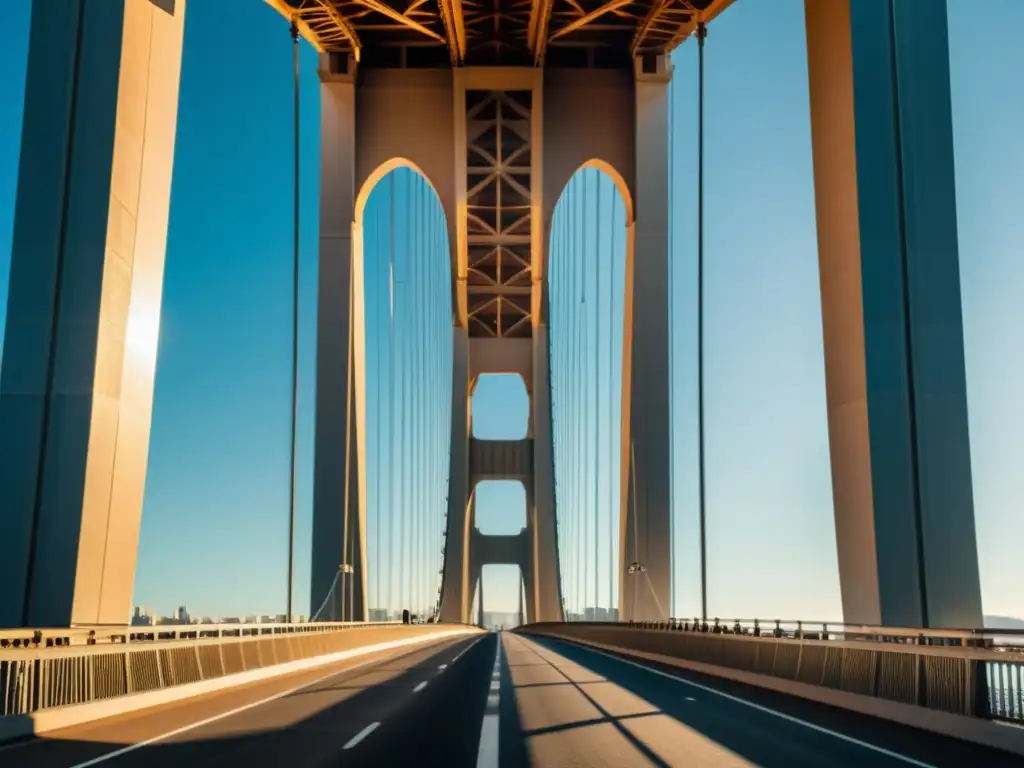 Imagen impactante de un puente majestuoso, con detalles de ingeniería visibles desde un ángulo dramático