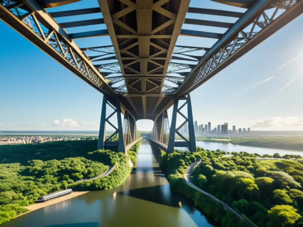 Imagen impactante de un puente masivo sobre un río, con cables de acero e ingeniería impresionante