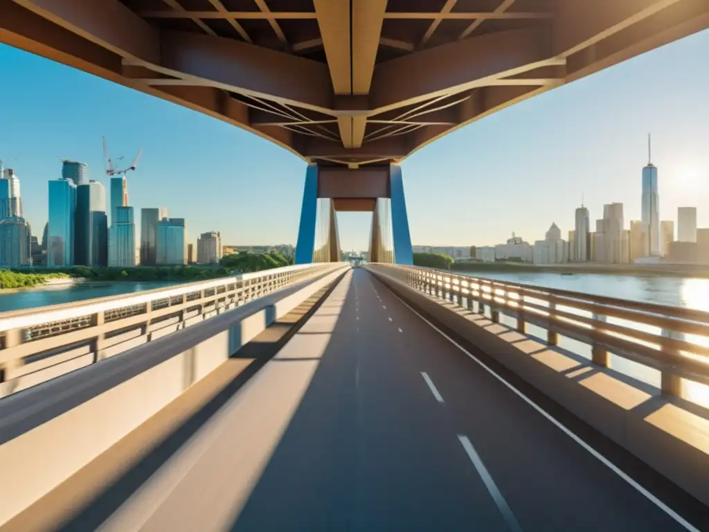 Una imagen impactante de un puente moderno con visualizaciones de realidad aumentada, destacando las innovaciones en ingeniería civil