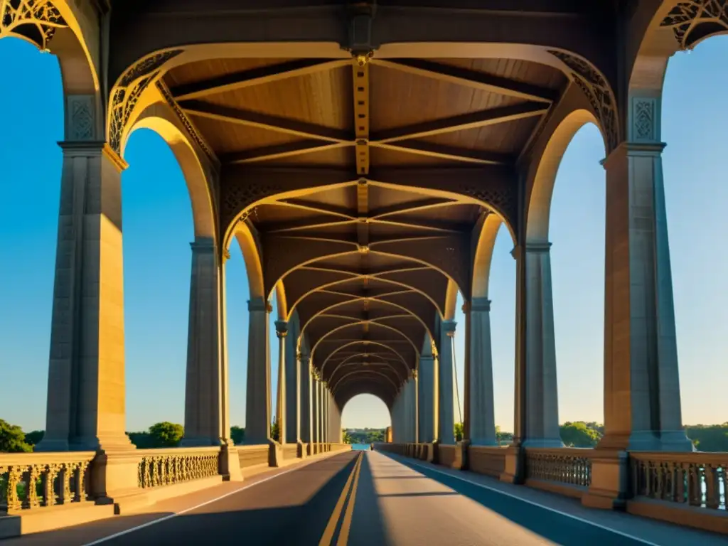 Imagen impactante de un puente monumental histórico, capturada desde abajo para resaltar su grandiosidad y detalles arquitectónicos