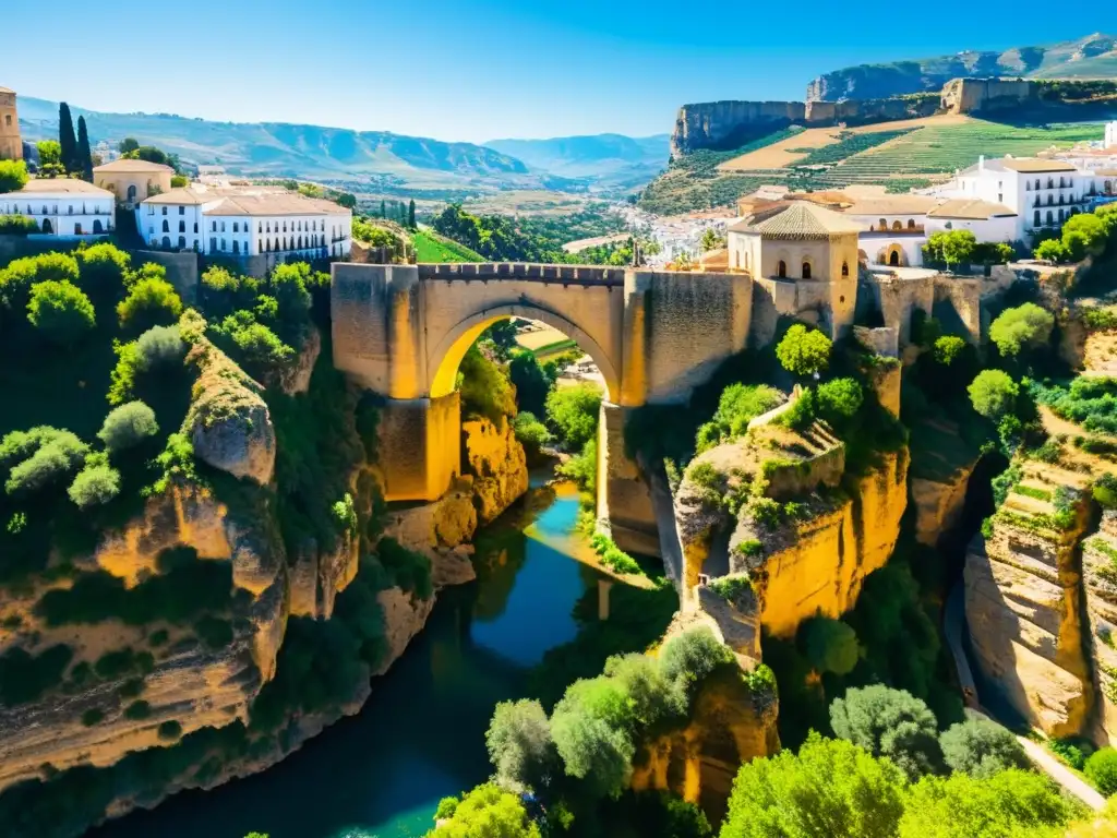 Imagen impactante del Puente Nuevo en Ronda, España, resaltando su grandeza y la belleza natural