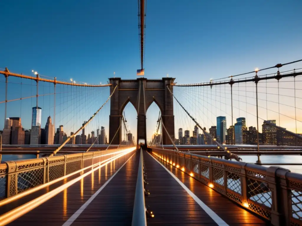 Imagen impactante del Puente de Brooklyn al anochecer, con el reflejo de las luces de la ciudad en el río