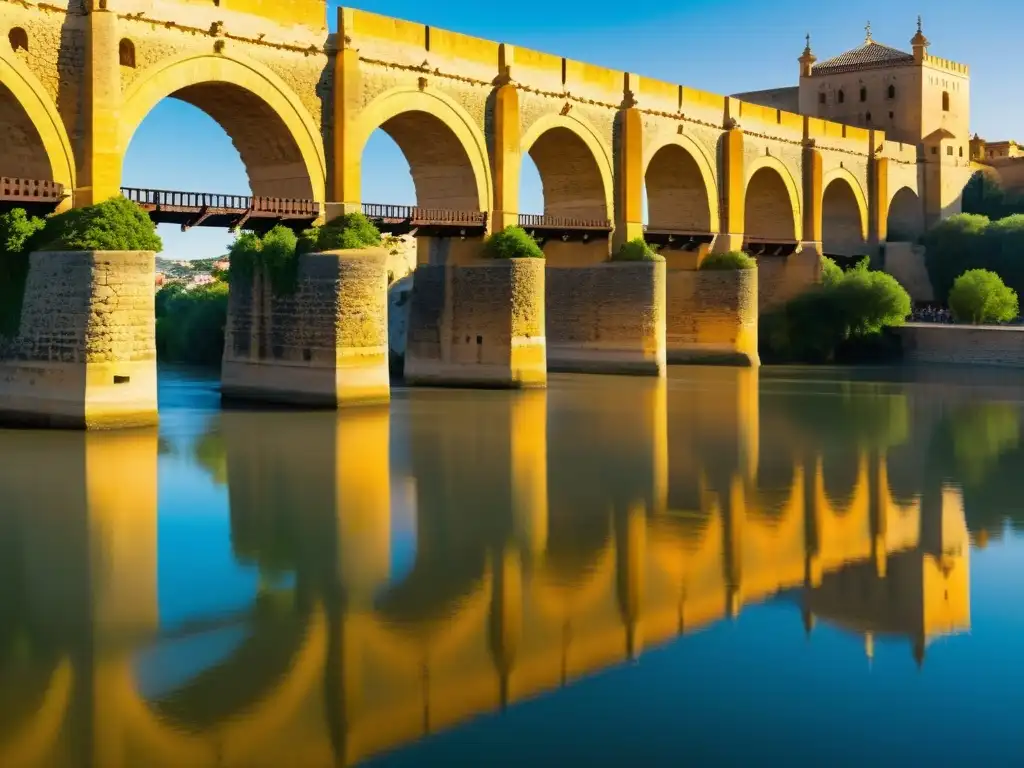 Imagen impactante del Puente Romano de Córdoba, con sus arcos antiguos y el río Guadalquivir