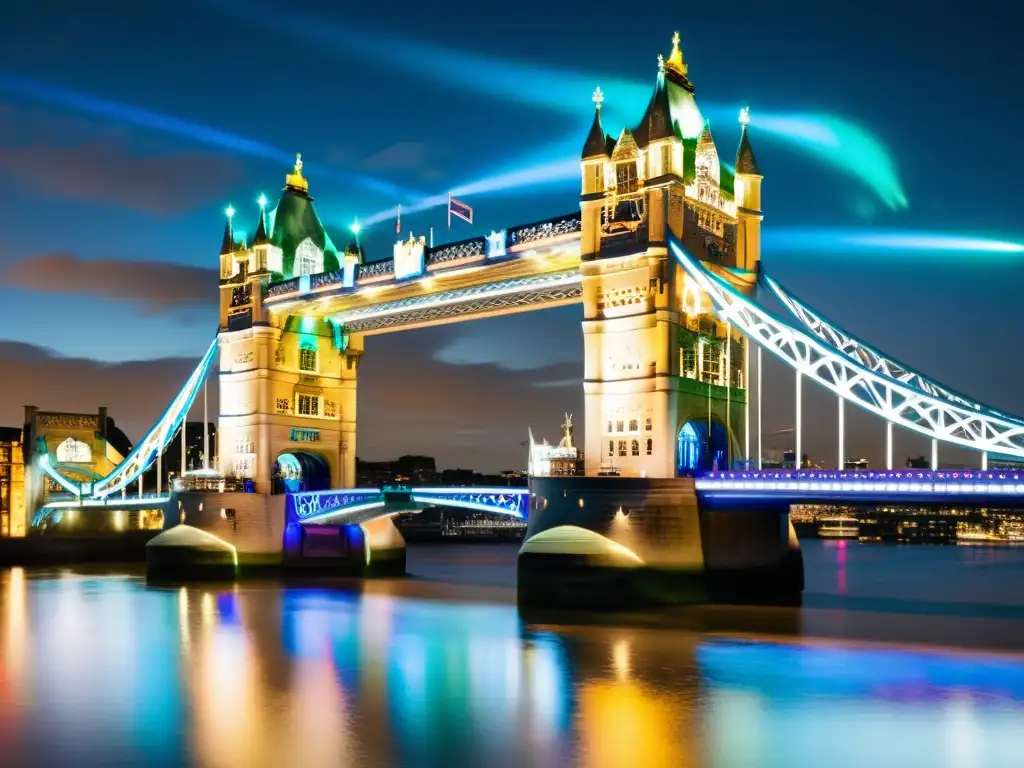 Imagen impactante del Puente de la Torre de Londres iluminado por un espectáculo de luces vibrantes, reflejando su belleza en el agua