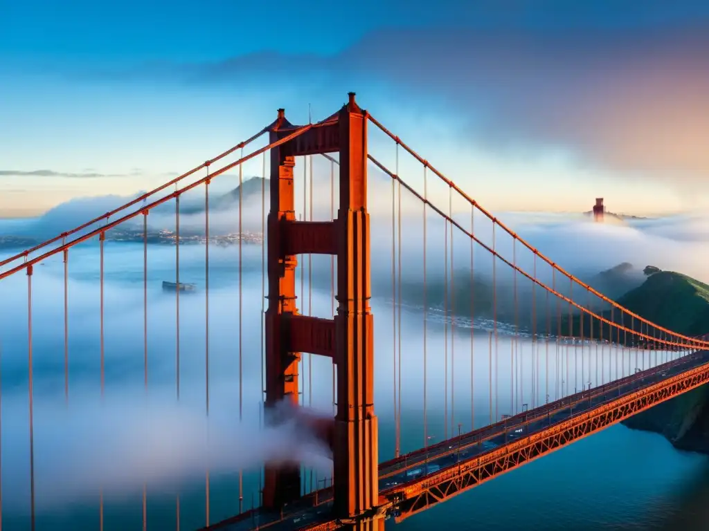 Imagen impactante de la icónica niebla cubriendo el puente Golden Gate al amanecer