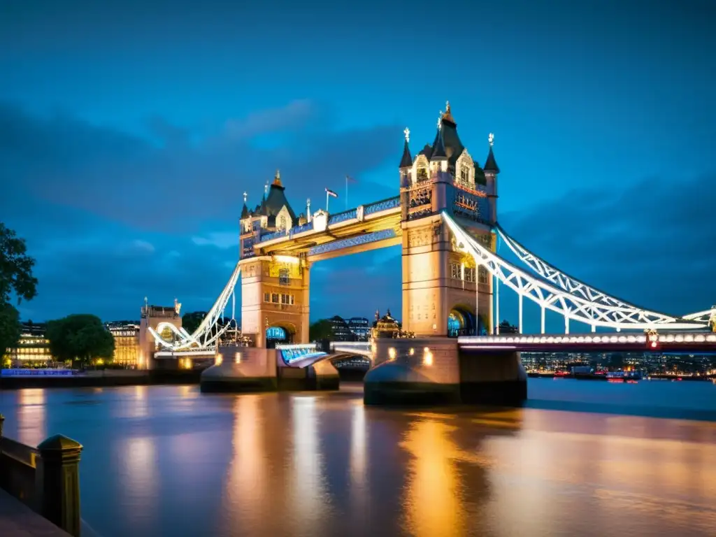 Imagen impactante de Tower Bridge en Londres al anochecer, reflejando en el Támesis