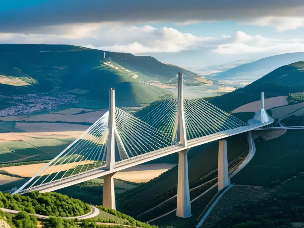 Imagen impactante del Viaducto de Millau en Francia, destacando su arquitectura icónica y moderna sobre un cielo dramático