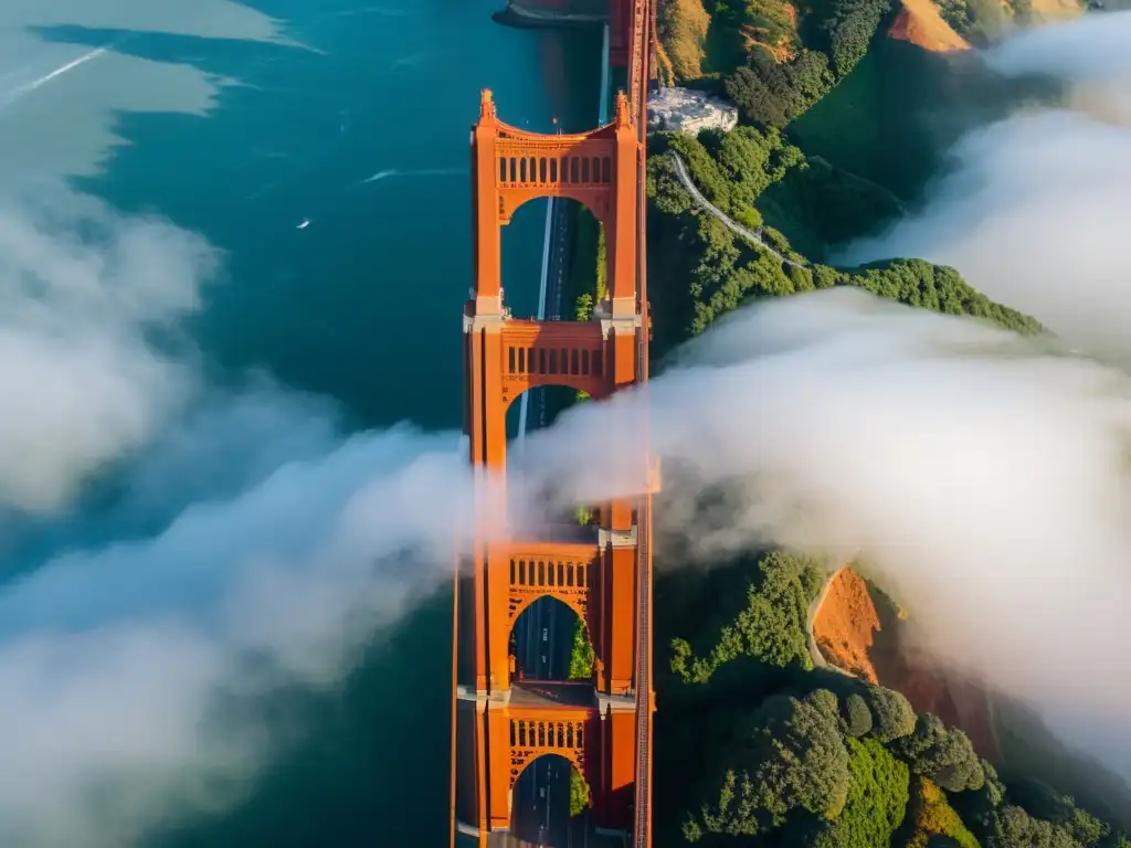 Imagen de impacto cultural, puentes estructuralmente impresionantes: el puente Golden Gate emerge majestuoso en la neblina matutina