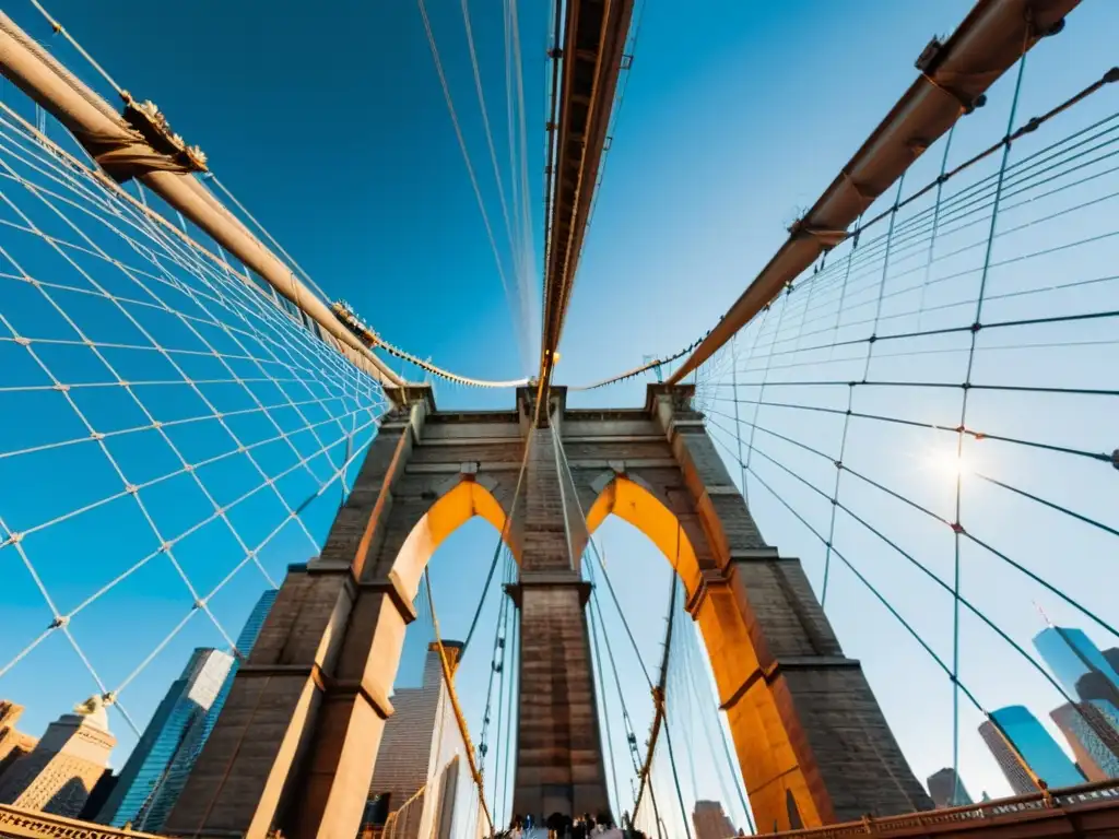 Una imagen imponente del icónico Puente de Brooklyn en Nueva York, destacando su arquitectura y el bullicio de la ciudad