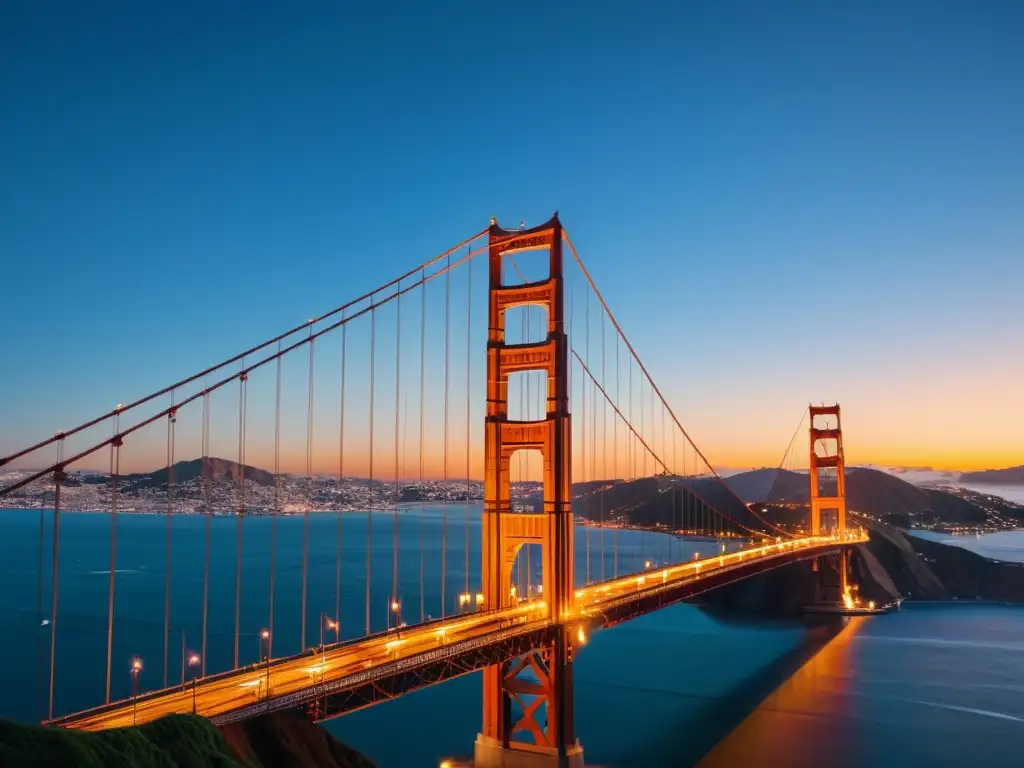 Imagen impresionante del icónico Puente Golden Gate de San Francisco al atardecer, resaltando su diseño avanzado y detalles estructurales