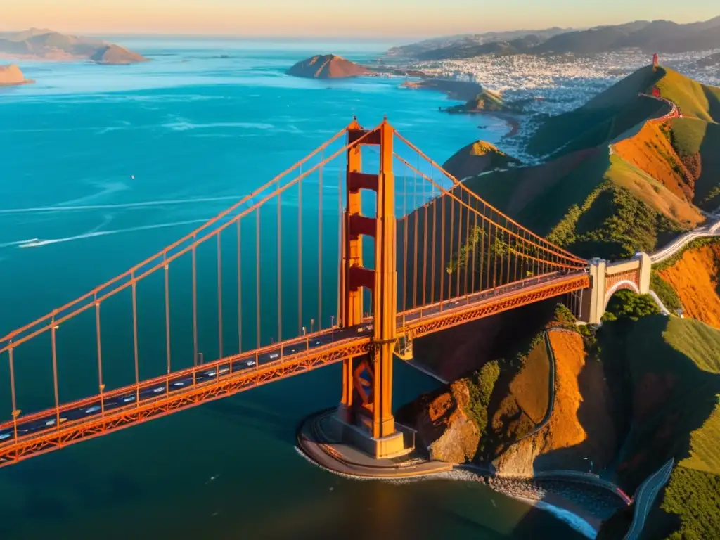 Imagen impresionante del icónico puente Golden Gate en San Francisco, con la cálida luz del atardecer y la ciudad al fondo