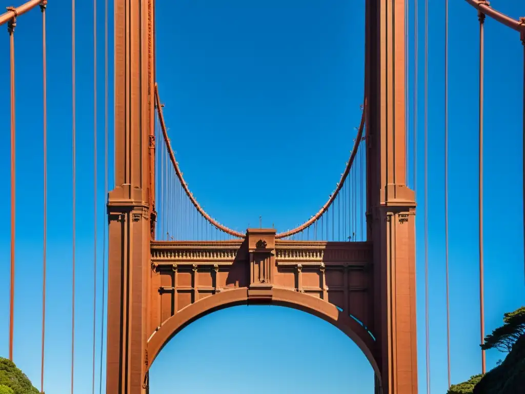 Imagen impresionante del icónico Puente Golden Gate en San Francisco, destacando sus detalles arquitectónicos y su grandiosa estructura