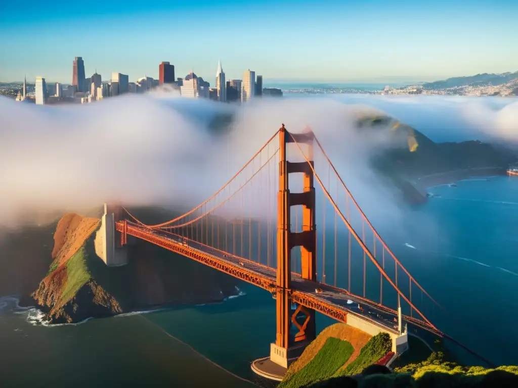 Imagen impresionante del icónico puente Golden Gate envuelto en la niebla, resaltando su grandiosidad y belleza arquitectónica