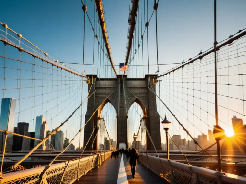 Imagen impresionante del icónico puente de Brooklyn al amanecer, con una majestuosa silueta bañada por la cálida luz matutina