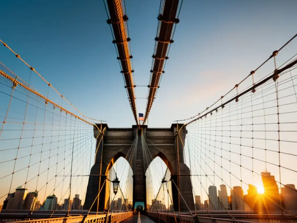 Imagen impresionante del Puente de Brooklyn al atardecer, resaltando su belleza y grandiosidad