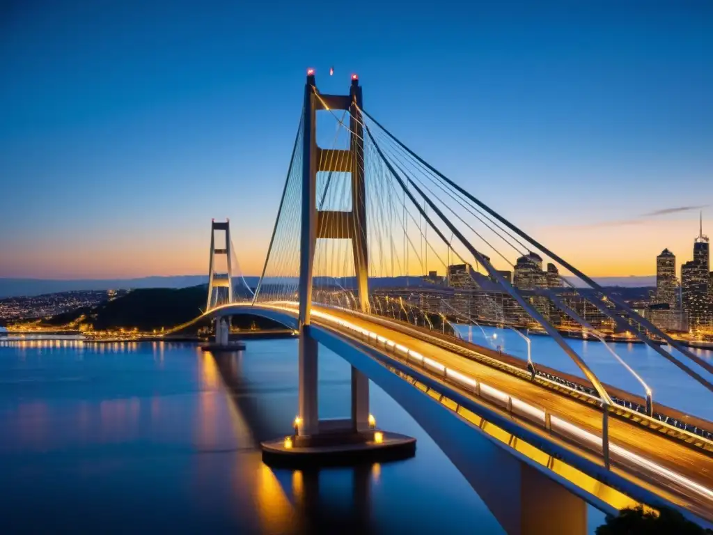 Imagen de un impresionante puente atirantado al anochecer, resaltando la red de cables, torres y la ciudad iluminada