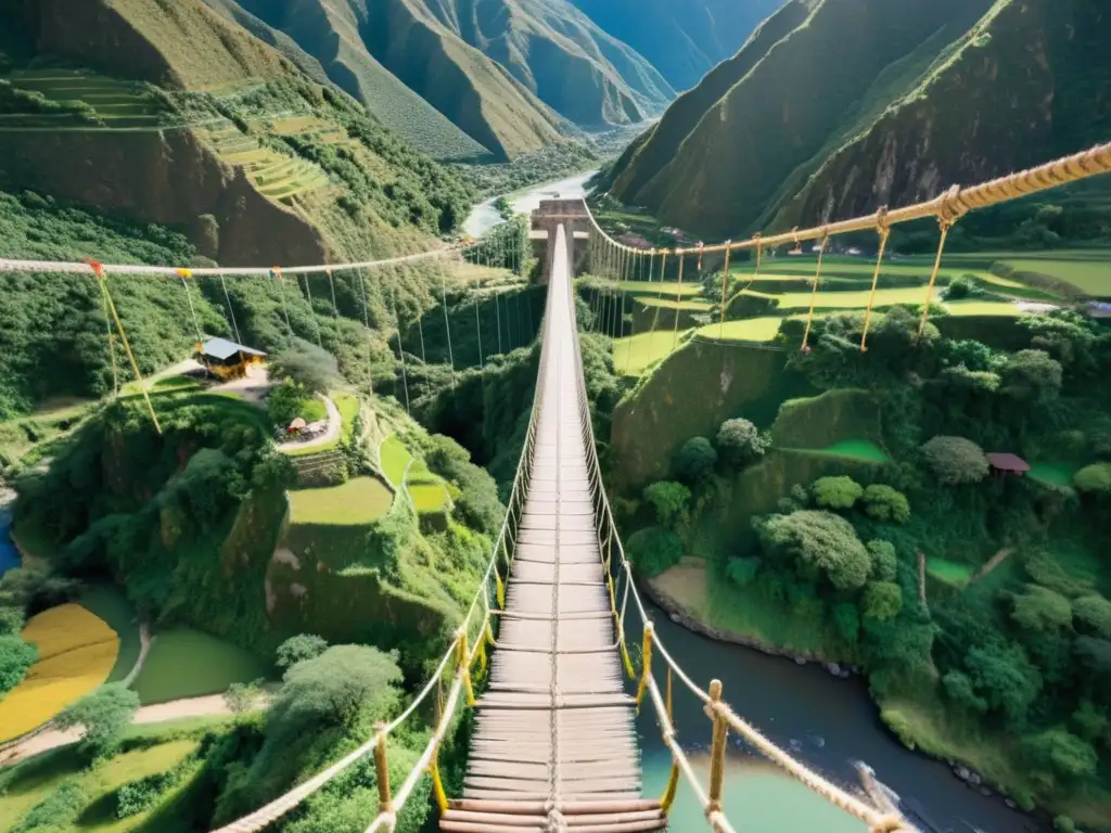 Imagen del impresionante puente colgante Q'eswachaka en Perú, con detalles tradicionales incas y paisaje andino vibrante