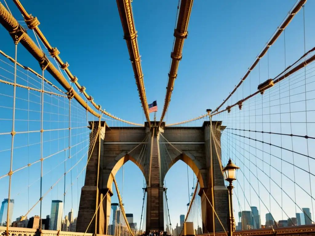 Una imagen impresionante del Puente de Brooklyn en Nueva York, resaltando su diseño de cables de acero y arcos icónicos