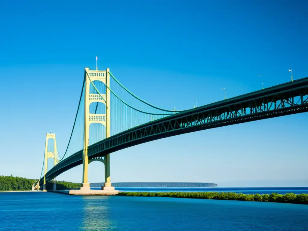 Imagen impresionante del Puente de Mackinac, resaltando su arquitectura y su integración en el paisaje natural, evocando su historia icónica