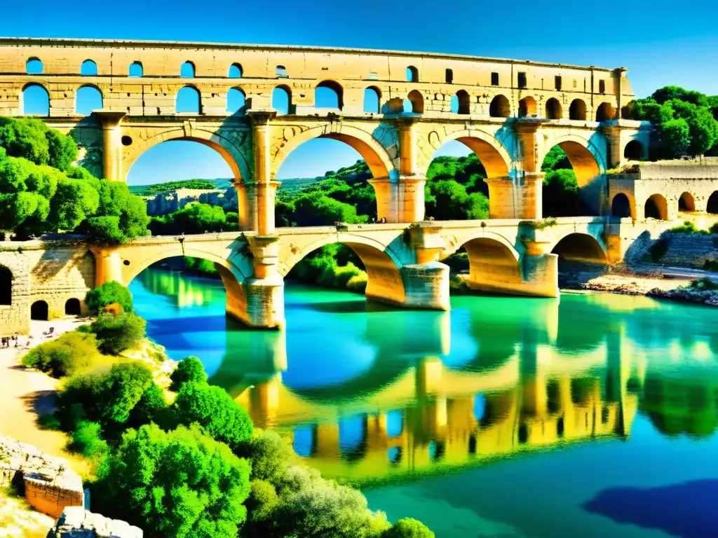 Imagen de un impresionante puente romano, Pont du Gard, bañado por luz cálida, rodeado de exuberante vegetación y agua azul