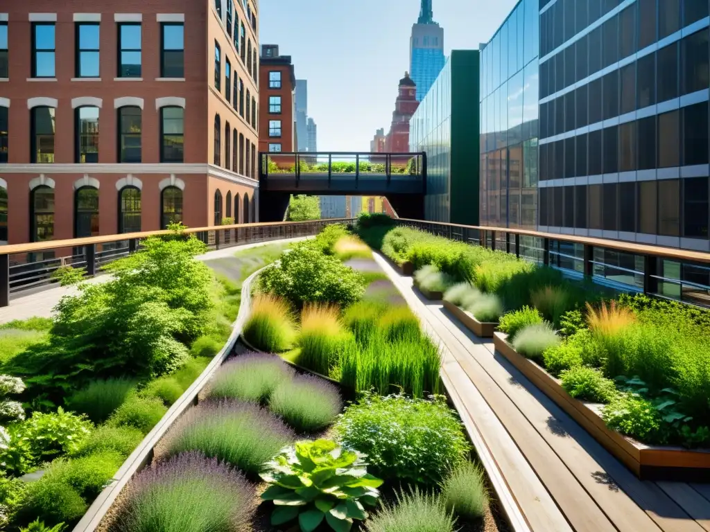 Imagen de un impresionante puente verde sostenible en el High Line de Nueva York, con exuberante vegetación y diseño arquitectónico innovador