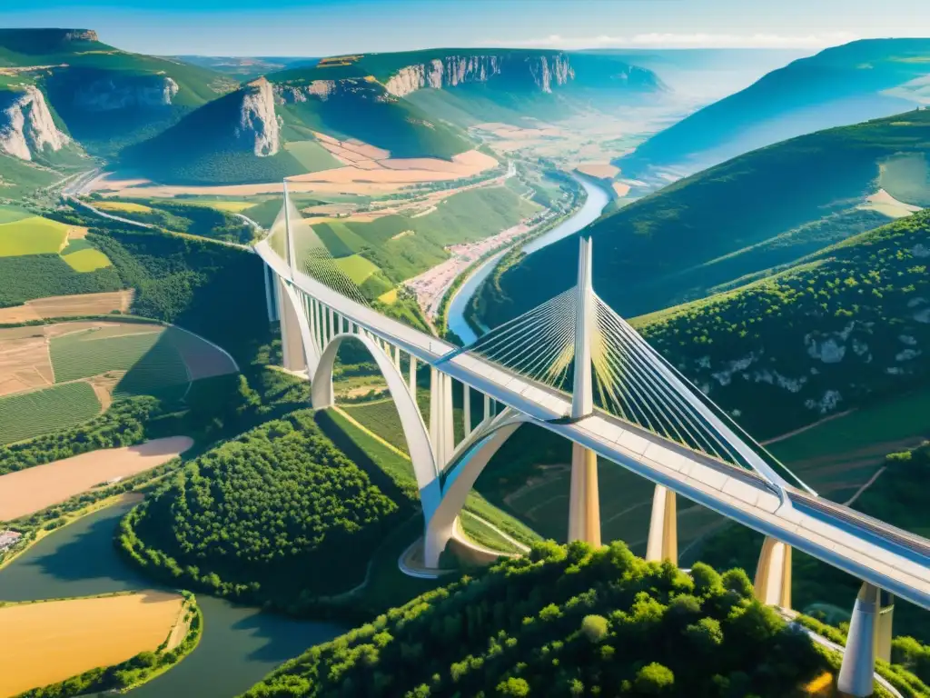 Imagen de un impresionante viaducto en Francia, resaltando su diseño curvo y altura imponente sobre un valle pintoresco con vegetación exuberante y un río