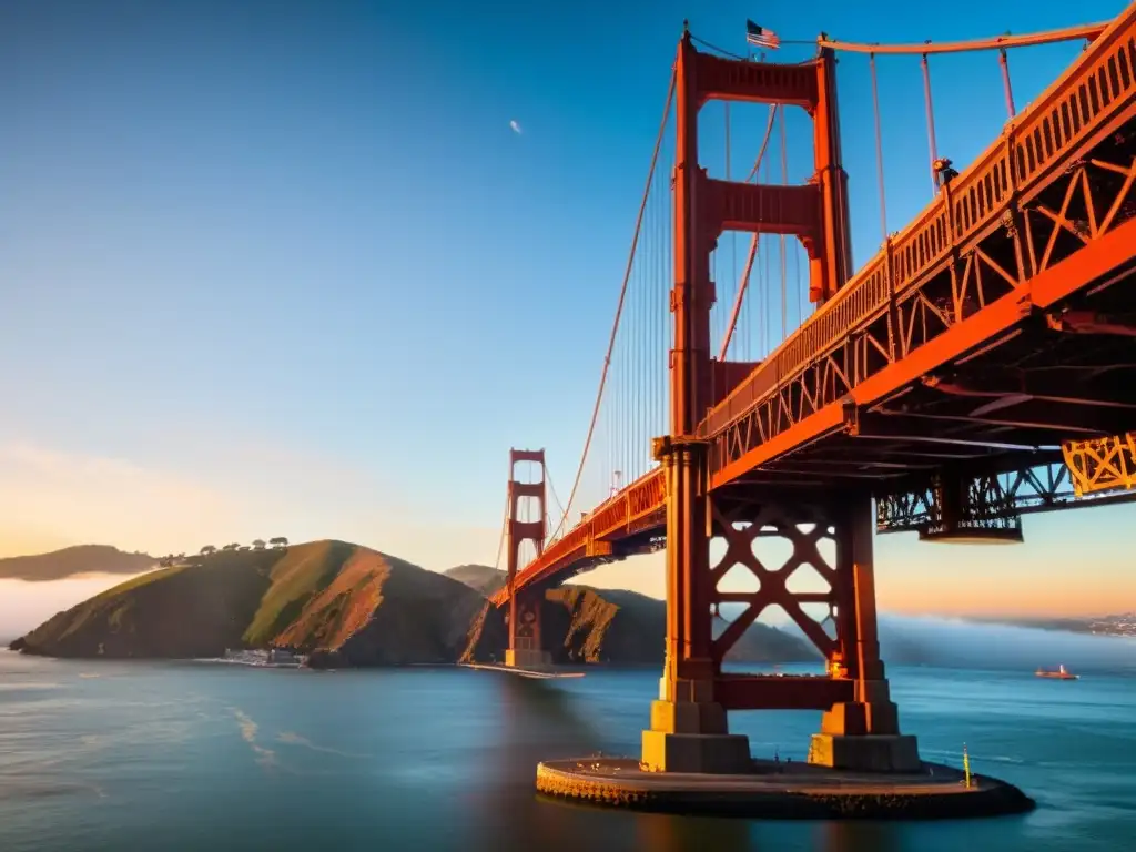 Imagen de la legendaria Golden Gate Bridge en San Francisco, destacando su grandiosidad histórica y arquitectónica al atardecer