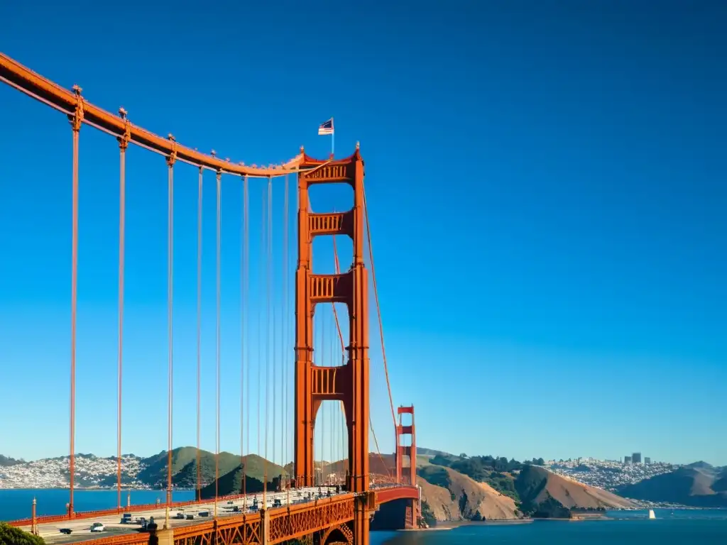 Imagen de la majestuosa arquitectura del icónico puente Golden Gate en San Francisco, destacando su diseño único y juegos de luz