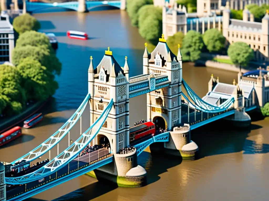 Imagen de la majestuosa historia y arquitectura del Puente de la Torre de Londres, con el bullicio de la ciudad a su alrededor