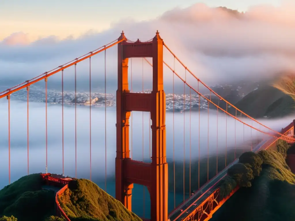 Imagen de la majestuosa y neblinosa belleza del puente Golden Gate al amanecer, destacando su estética aplicada en ingeniería de puentes