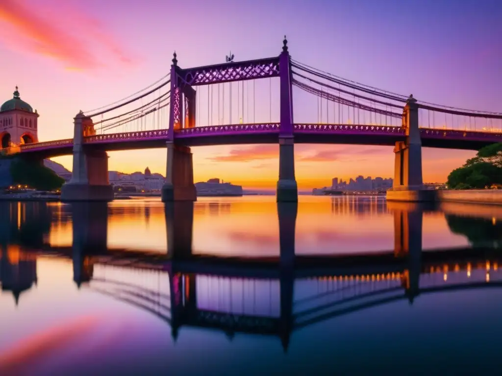 Imagen de un majestuoso puente al atardecer, con efectos postproducción fotos puentes y cálida luz dorada reflejada en el agua tranquila