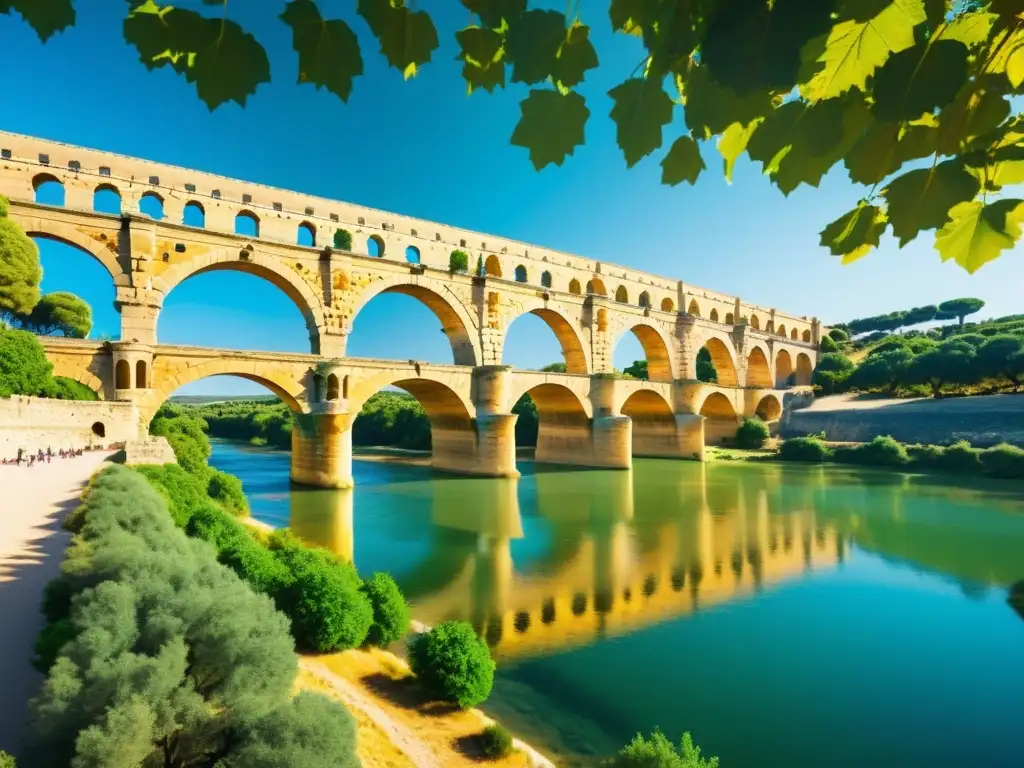 Imagen 8k del majestuoso Puente del Gard, joya de la ingeniería romana, resplandeciendo bajo el cálido sol en un entorno natural exuberante