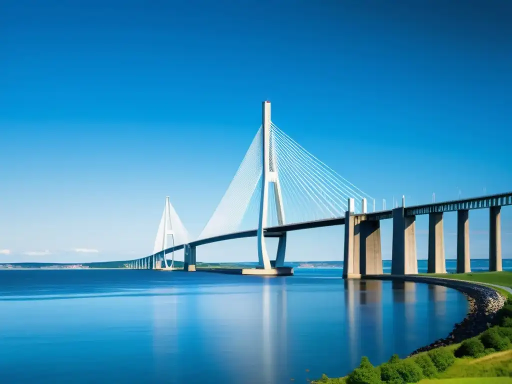 Imagen del majestuoso Puente de Oresund en armonía con el medio ambiente, destacando su diseño moderno y elegante