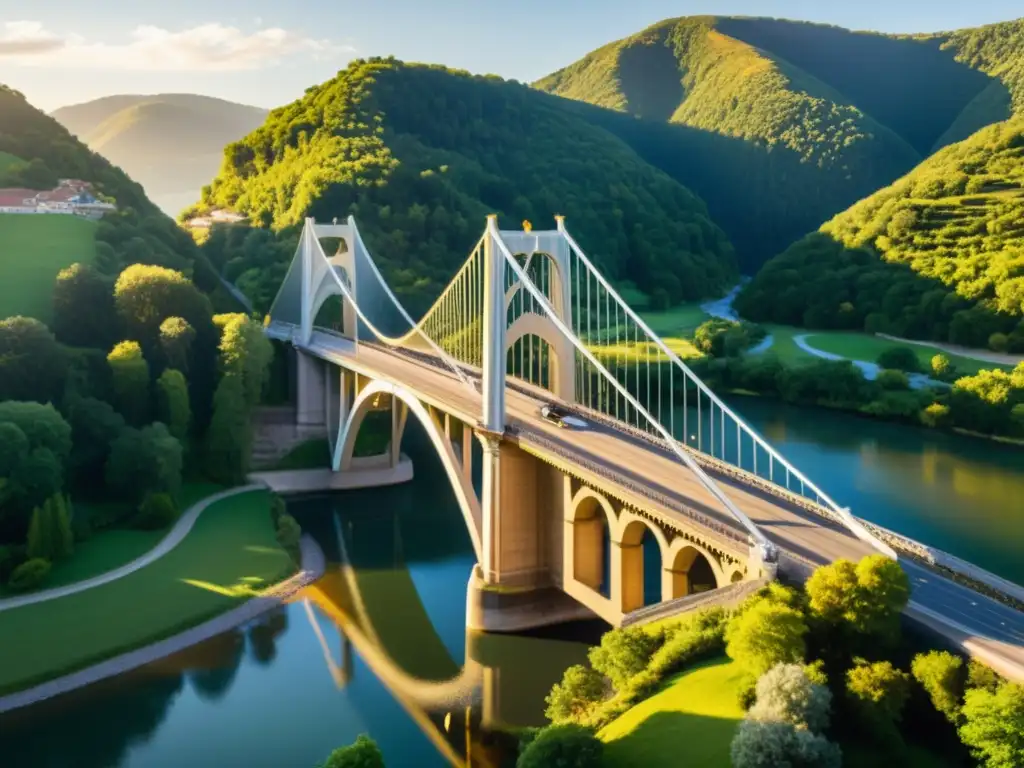 Imagen de un majestuoso puente sobre un río tranquilo, iluminado por la cálida luz del atardecer