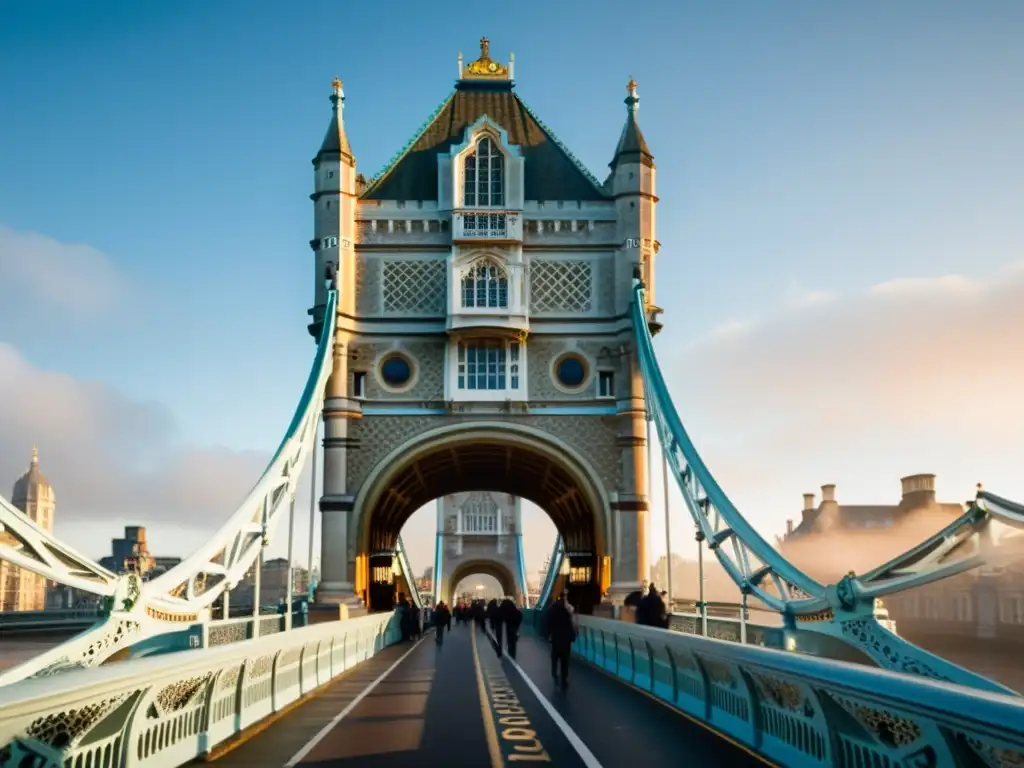 Imagen de la icónica Torre de Londres en la neblina del amanecer, resaltando su arquitectura gótica victoriana y su influencia en el arte moderno