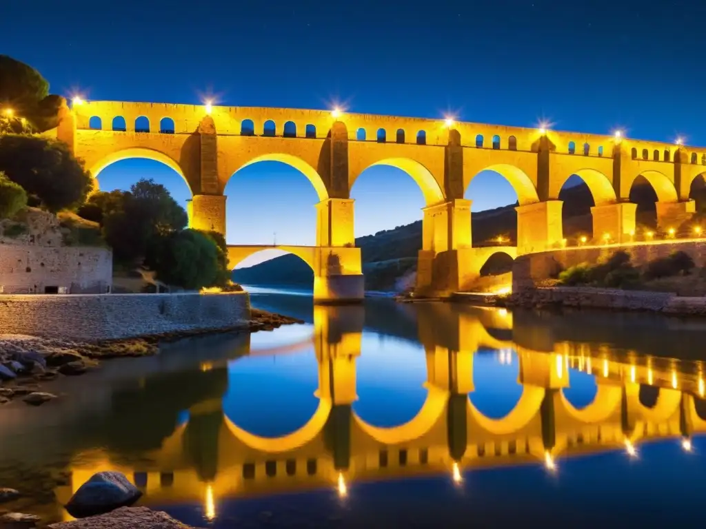 Imagen nocturna del antiguo Puente de Alcántara iluminado por cálidas luces, reflejándose en las tranquilas aguas del río Tajo