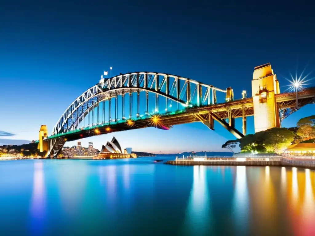 Imagen nocturna del icónico Puente de la Bahía de Sídney iluminado con colores vibrantes, reflejándose en el agua