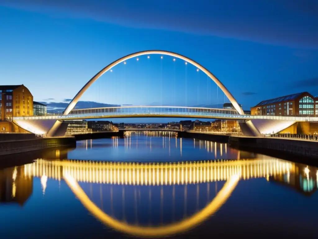 Imagen nocturna del innovador Puente Gateshead Millennium en pleno movimiento, reflejando la ciudad en el río Tyne