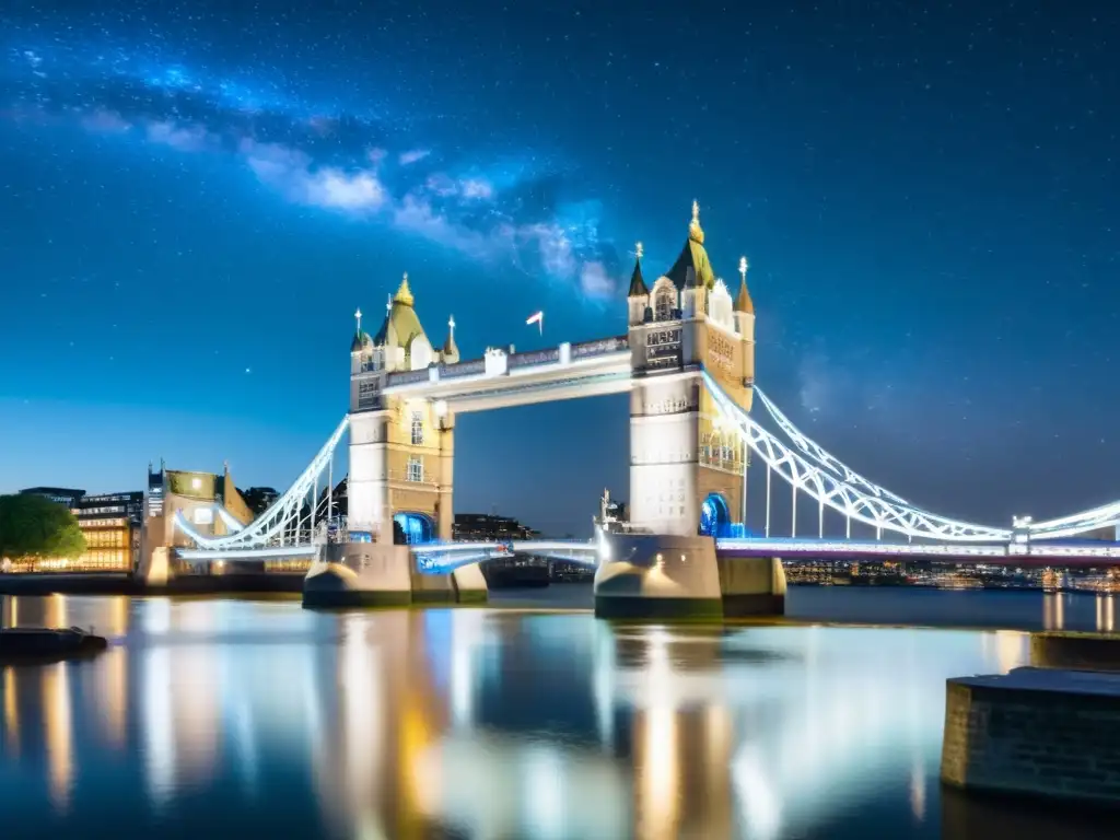 Imagen nocturna de Tower Bridge en Londres, con luces reflejadas en el río Támesis y un cielo estrellado con la Vía Láctea, ideal para observaciones astronómicas Puente de la Torre