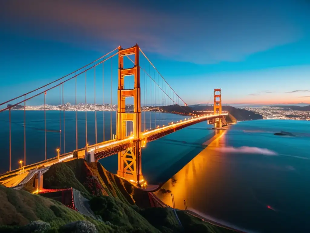 Imagen nocturna del Puente Golden Gate, con luces vibrantes iluminando su estructura de acero, destacando su estatus icónico como obra maestra de iluminación artística en puentes