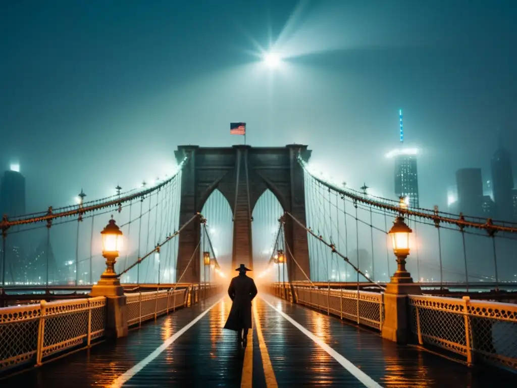 Imagen nocturna misteriosa del Puente de Brooklyn envuelto en la niebla, evocando historia y mitos urbanos