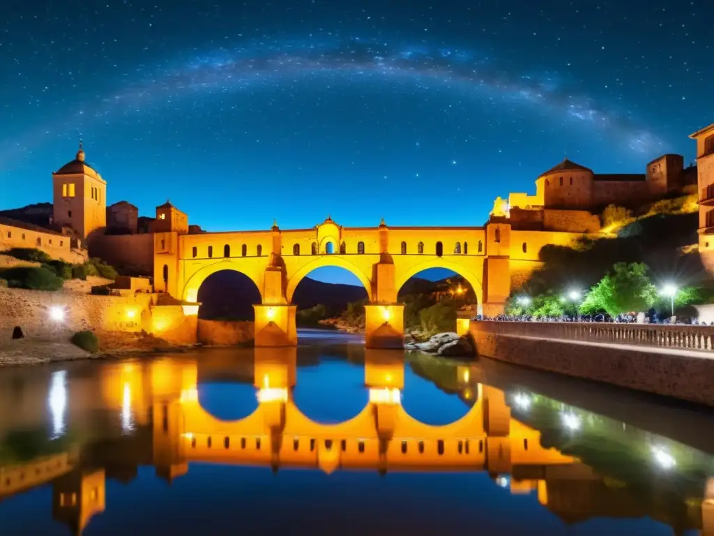 Imagen nocturna del Puente de Alcántara, destacando su belleza iluminada y la atmósfera misteriosa de las rutas turísticas nocturnas Puente Alcántara