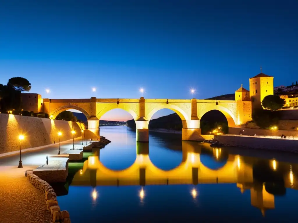 Imagen nocturna del Puente de Alcántara con dramáticas sombras y luces cálidas, ideal para rutas turísticas nocturnas Puente Alcántara