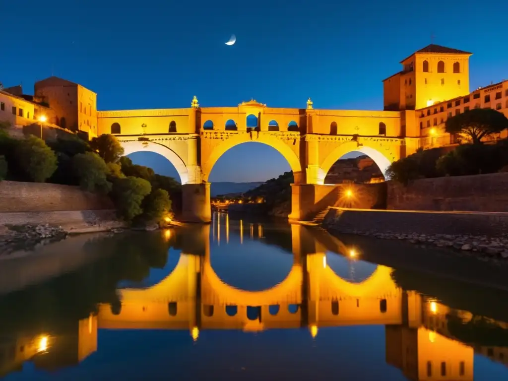 Imagen nocturna del Puente de Alcántara iluminado por la luna y las luces de la calle