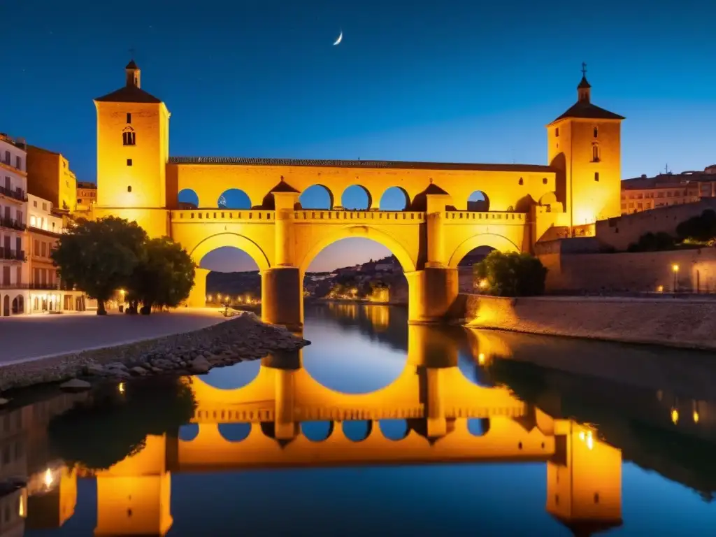 Imagen nocturna de alta resolución del Puente de Alcántara, con luces cálidas iluminando el río y visitantes caminando