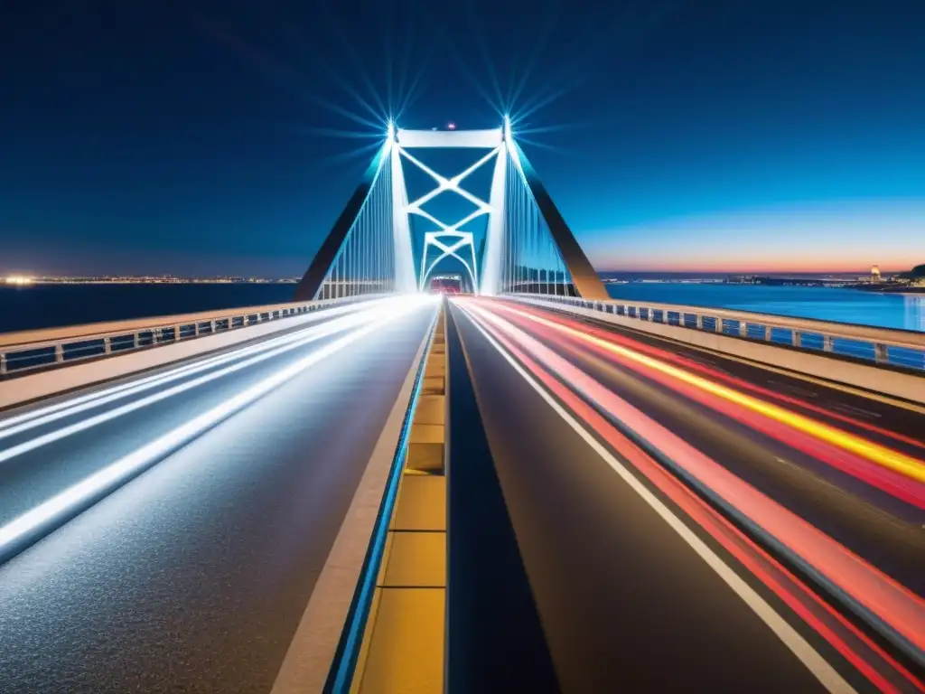 Imagen nocturna de un puente moderno iluminado, destacando su sistema de iluminación inteligente y su impacto en la seguridad