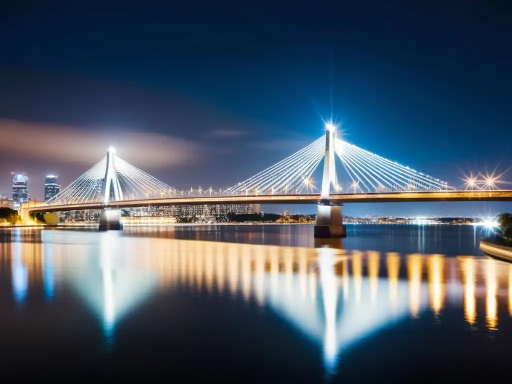 Imagen nocturna de un puente moderno sobre un río, iluminado con suaves luces cálidas, reflejadas en el agua en movimiento