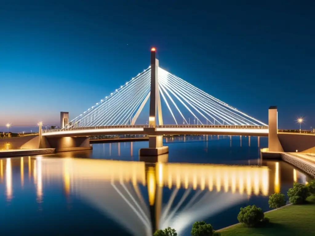 Imagen nocturna de un puente moderno iluminado, destacando las tecnologías de iluminación y diseño de puentes