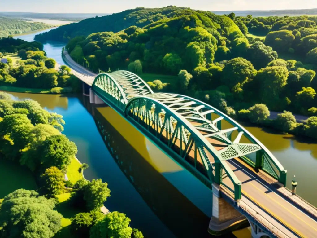 Imagen panorámica de un puente histórico, con detalles arquitectónicos y sombras dramáticas bajo la luz del sol