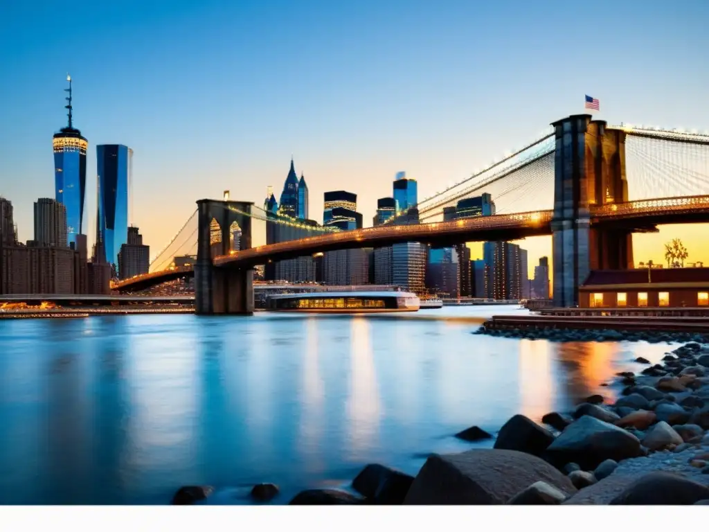 Imagen de alta resolución del Puente de Brooklyn al atardecer, con la ciudad de Nueva York al fondo